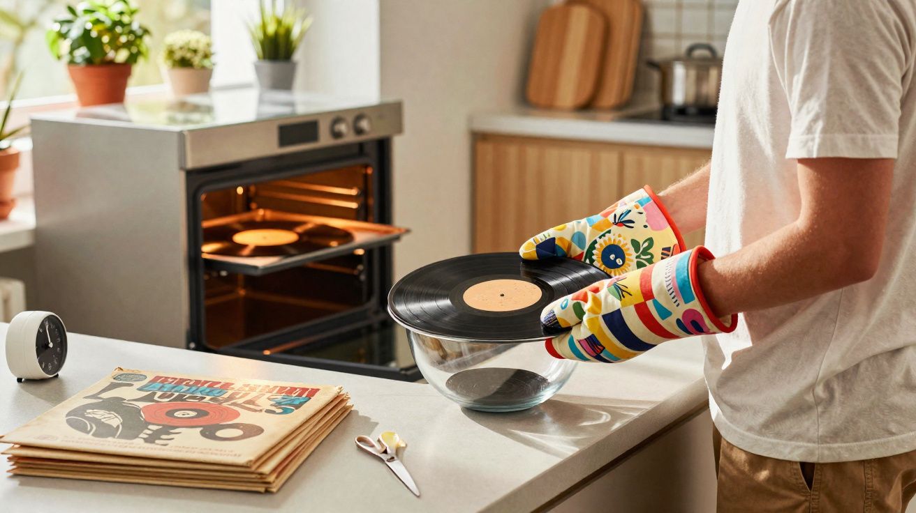 Pessoa a segurar um disco de vinil com luvas de forno coloridas numa cozinha moderna.
