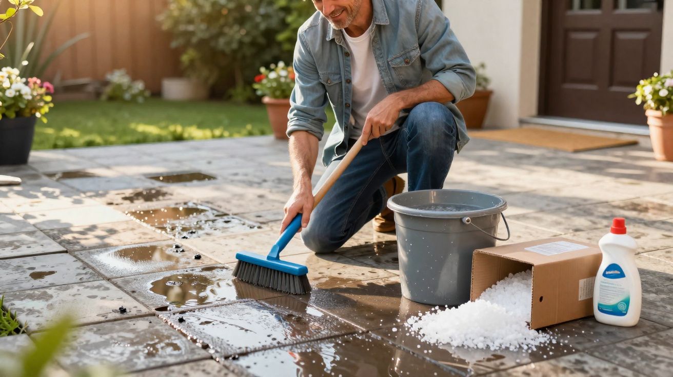 Homem a limpar chão exterior com escova, balde e detergente, perto de caixa de pastilhas efervescentes.