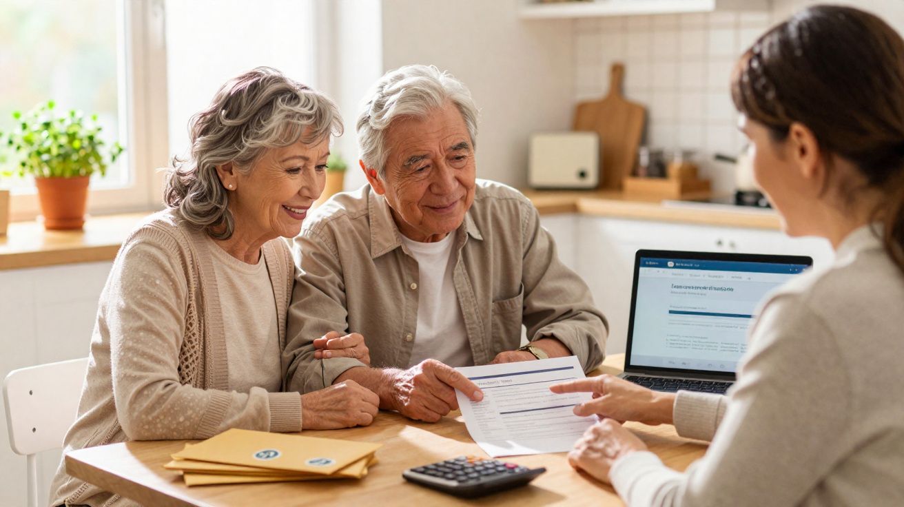 Casal sénior a analisar documentos com consultora num escritório acolhedor e iluminado.