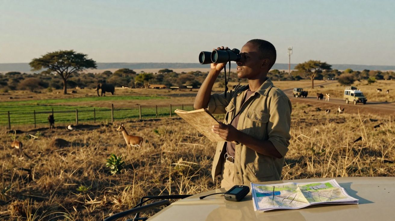 Jovem observador com binóculos e caderno num safari, com animais selvagens e viaturas ao fundo.