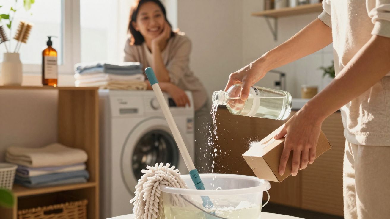 Pessoa a preparar solução de limpeza com detergente e água em casa, outra pessoa observa sorridente ao fundo.