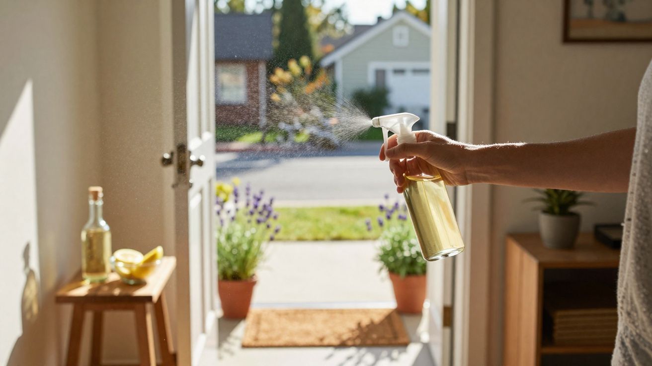 Pessoa a borrifar spray de limpeza numa entrada com porta aberta para o exterior com plantas e casas.