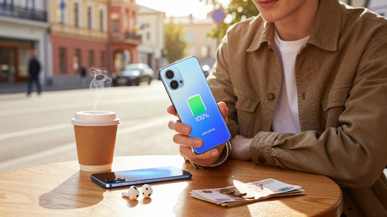 Pessoa segura smartphone carregado a 100% numa mesa com café, auscultadores, dinheiro e outro telemóvel.