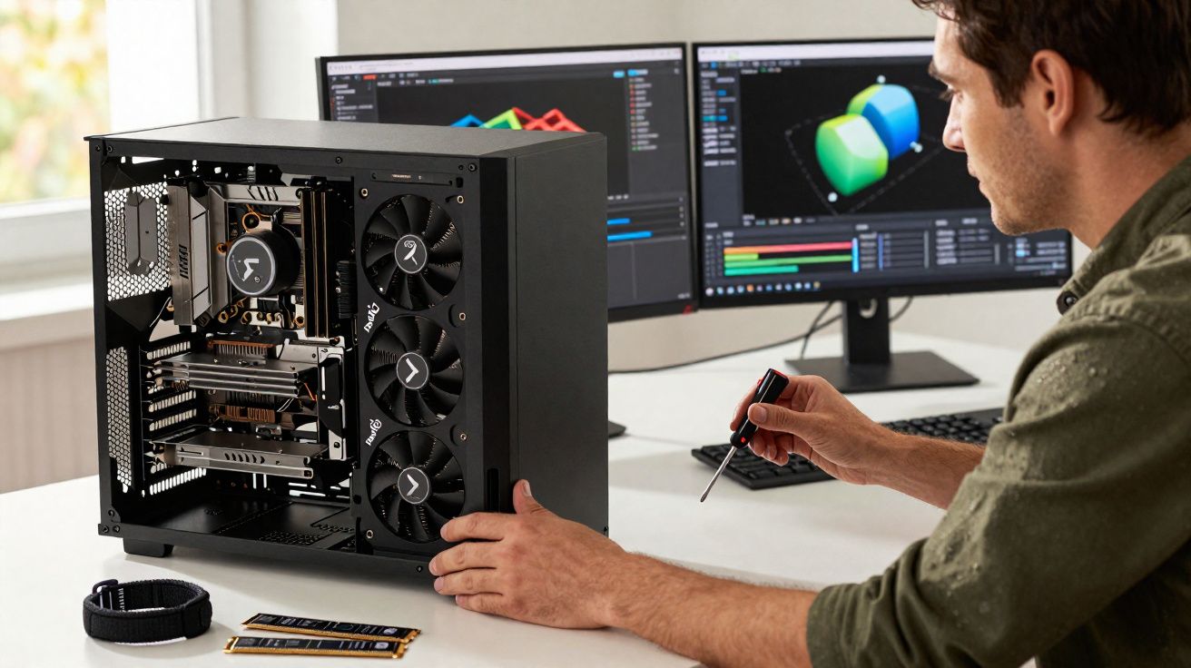 Homem a montar computador de secretária com ferramentas e monitores com gráficos ao fundo.