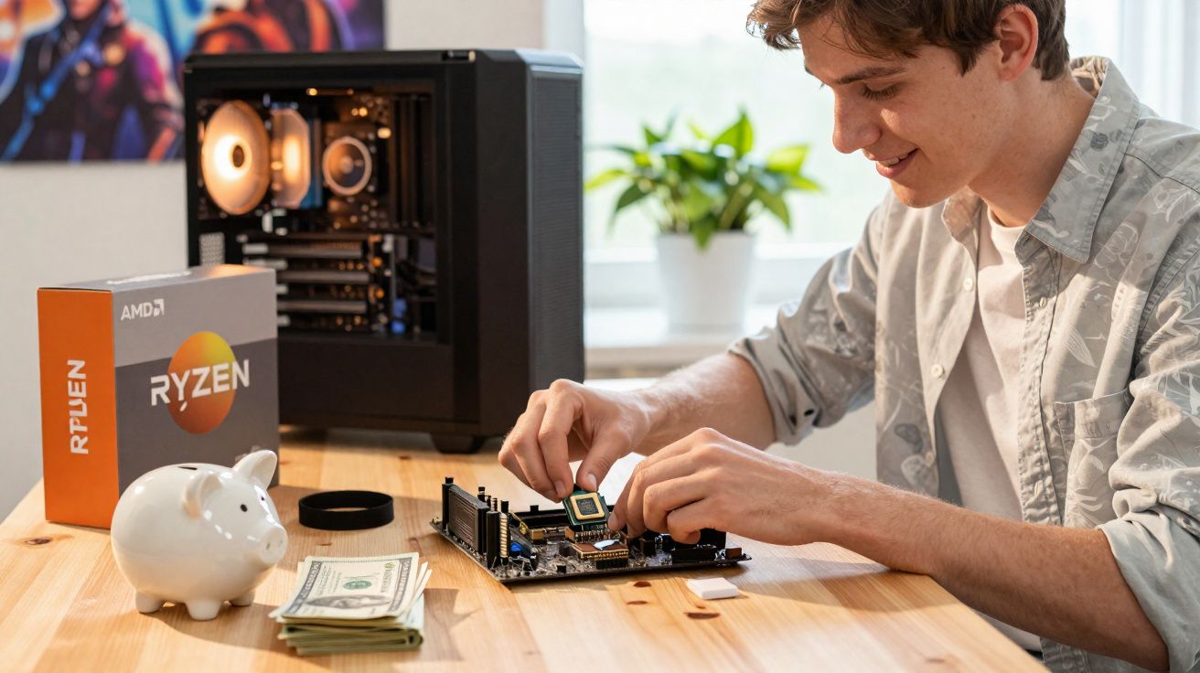 Jovem monta placa-mãe com processador à frente de computador aberto e componentes na mesa.