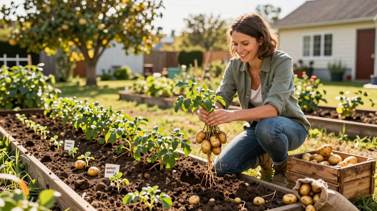 Mulher feliz a colher batatas num canteiro elevado num jardim com caixas de batatas ao lado.