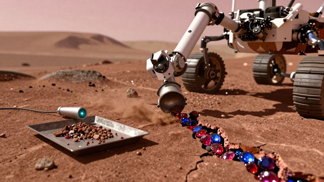Rover a explorar uma fissura no solo marciano, revelando pedras preciosas vermelhas e azuis.