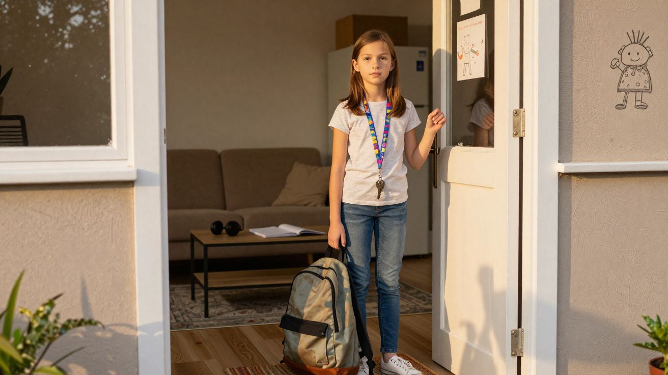 Rapaz com mochila suspensa na mão à porta de casa, pronto para sair.