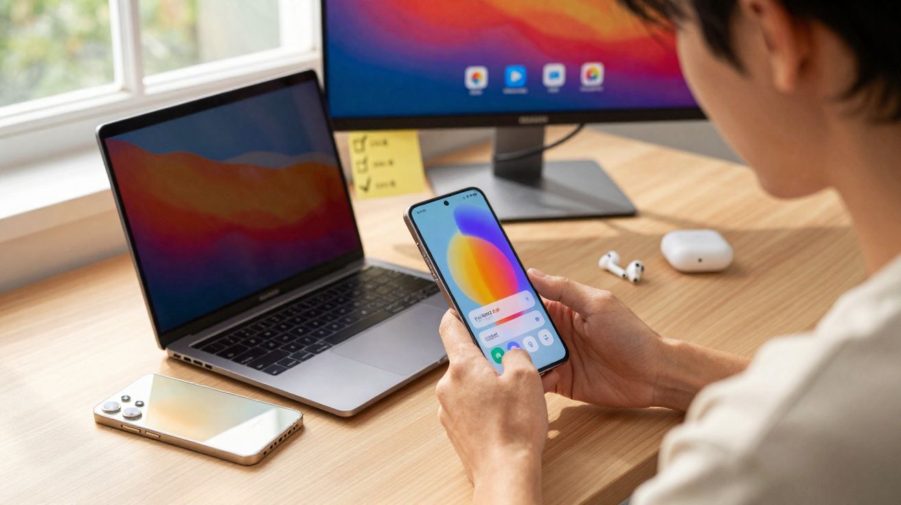 Pessoa a segurar telemóvel com ecrã ligado à frente de portátil, monitor e auriculares numa secretária de madeira.