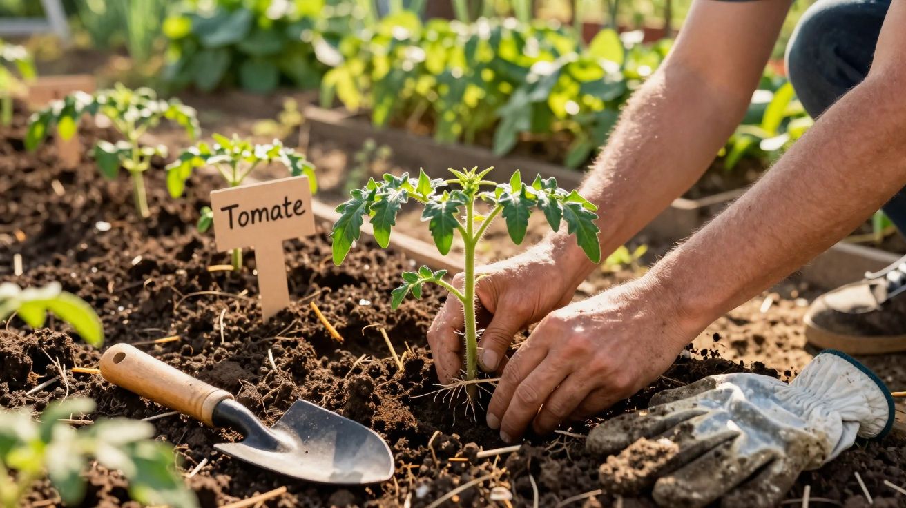 Pessoa a plantar uma muda de tomate num canteiro de terra, com uma pá e luvas ao lado.