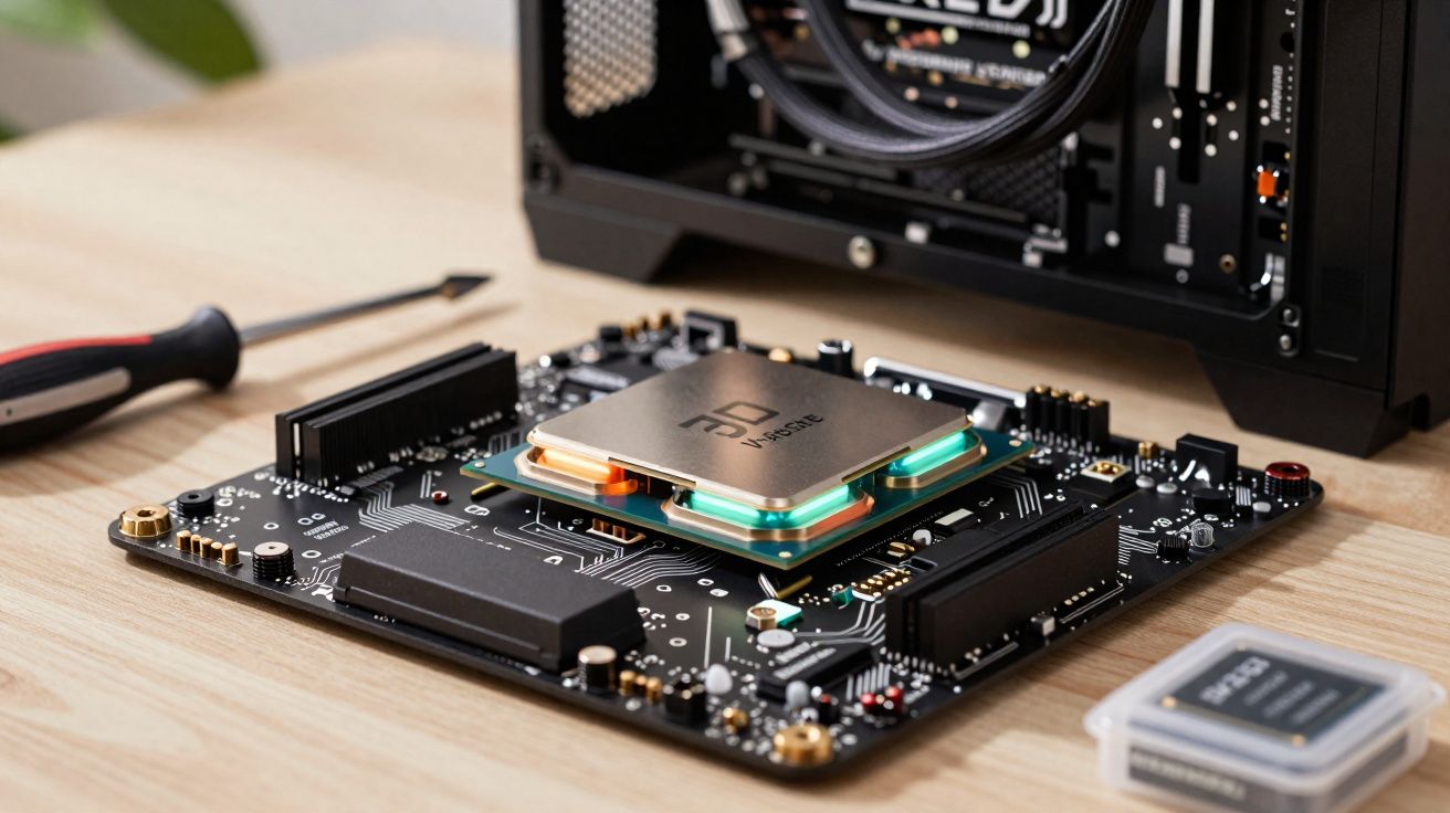 Placa-mãe com processador instalado sobre mesa de madeira, ao lado de ferramentas e componentes eletrónicos.