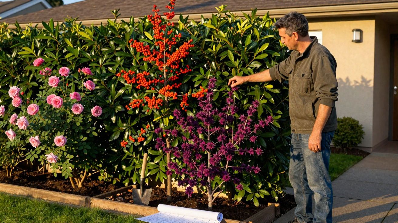 Homem a cuidar de jardins com flores rosa, bagas vermelhas e planta com flores roxas junto a uma casa.