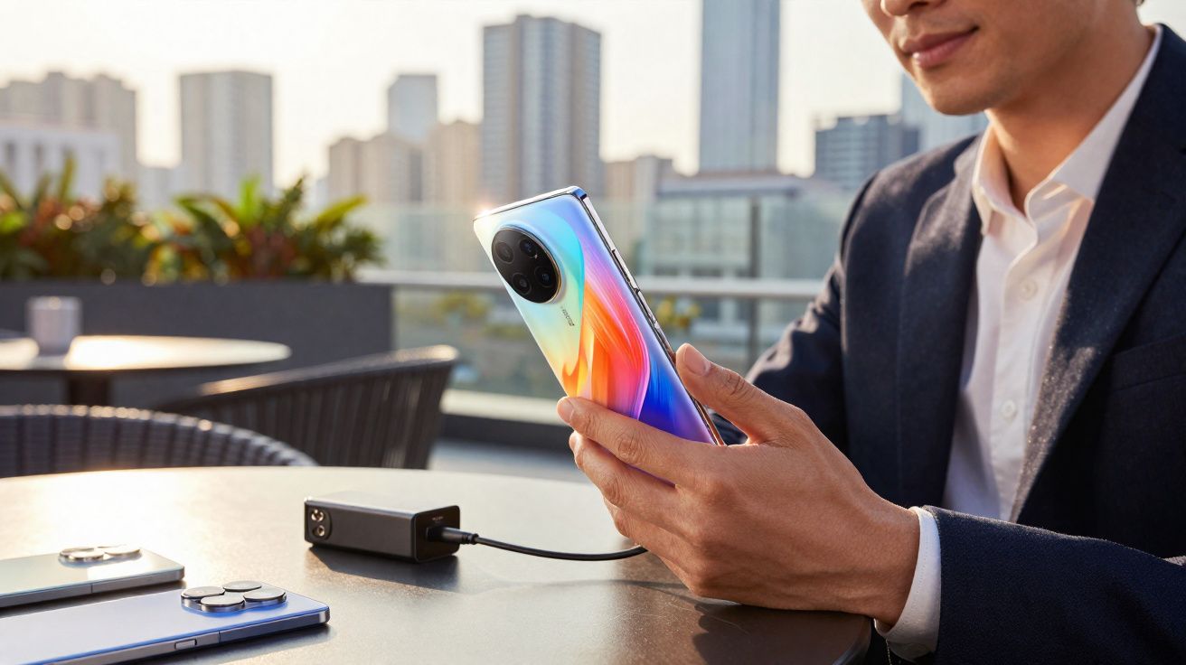 Pessoa segura smartphone colorido ligado a power bank numa mesa exterior com edifícios ao fundo.