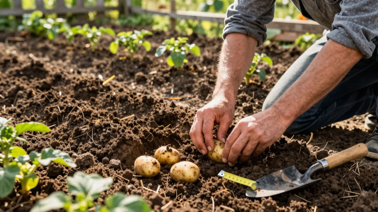 Mãos a colher batatas pequenas do solo fértil numa horta ensolarada com plantações ao fundo.