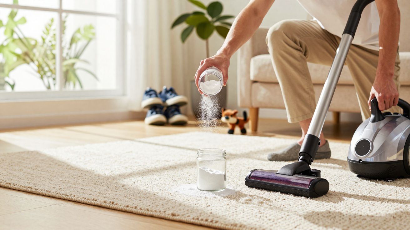 Pessoa a deitar pó para aspirar tapete claro numa sala iluminada com sofá e plantas.