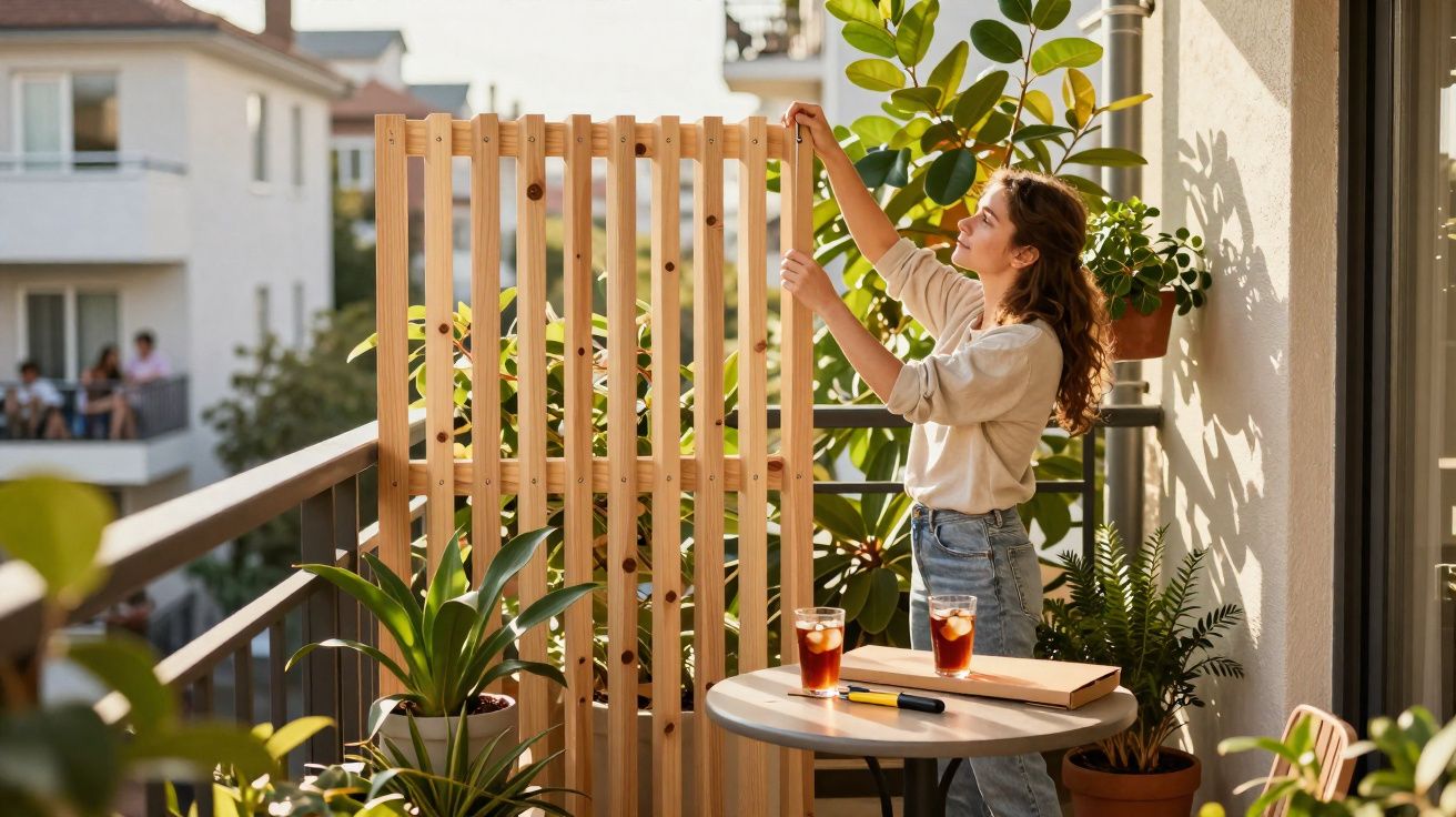 Mulher arruma cerca de madeira num pequeno terraço rodeado de plantas e luz solar.