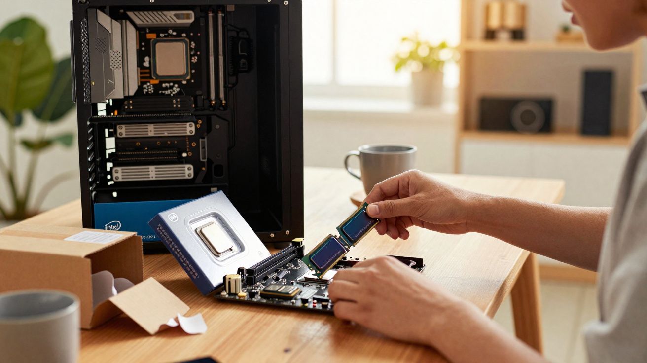 Pessoa a instalar memória RAM numa motherboard com computador aberto numa mesa de madeira.