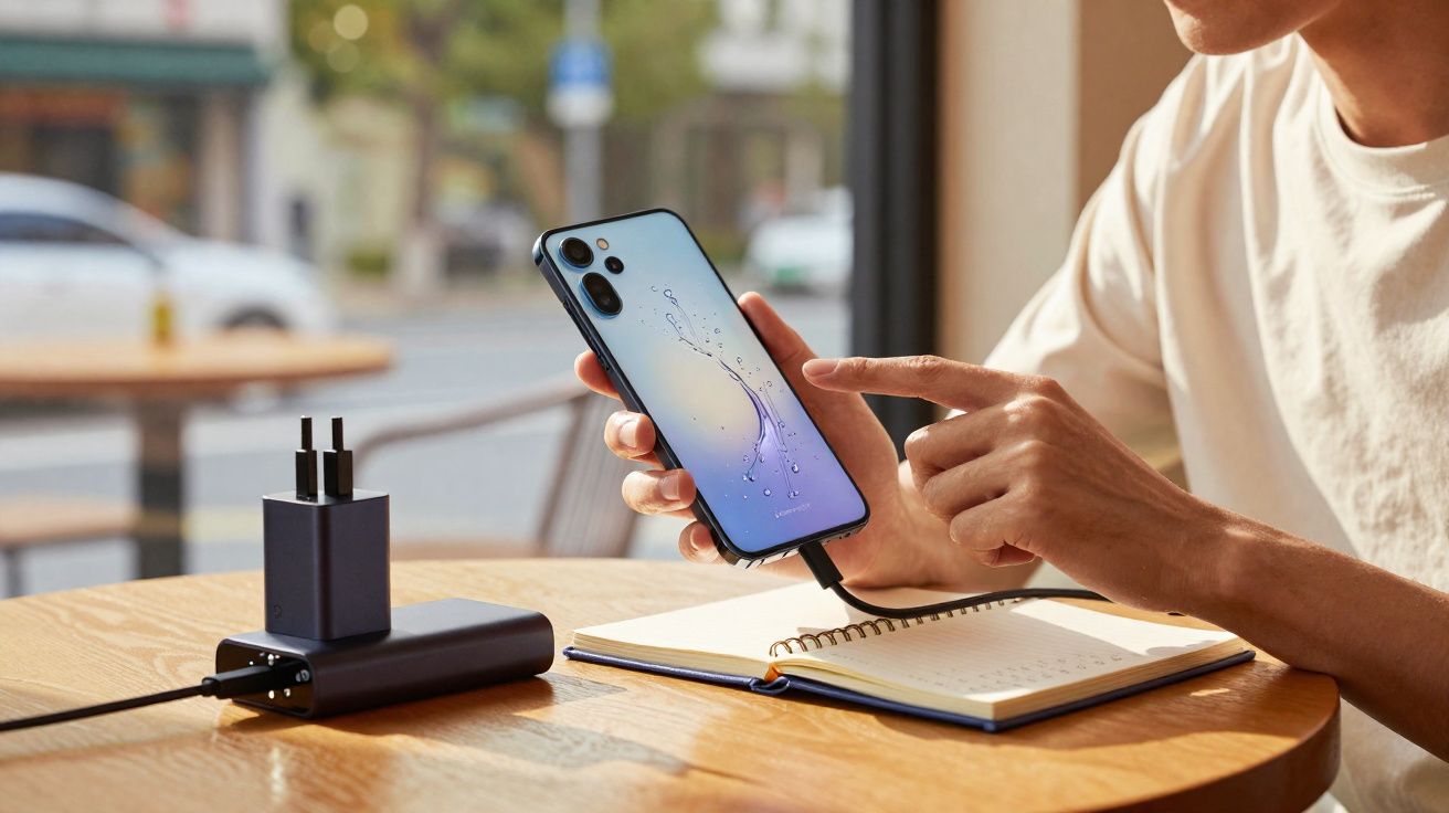 Pessoa a usar smartphone em cima de agenda numa mesa, com carregador ligado ao telemóvel.