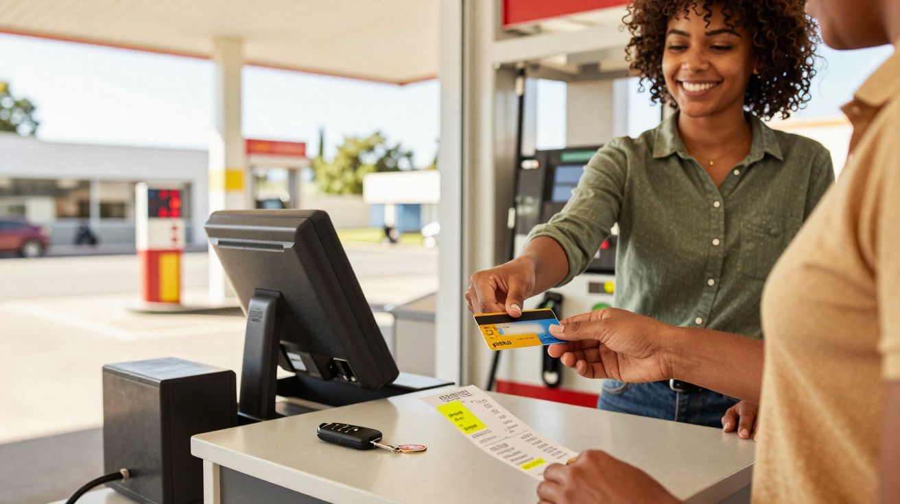 Mulher sorridente recebe cartão de pagamento de cliente numa bomba de gasolina.