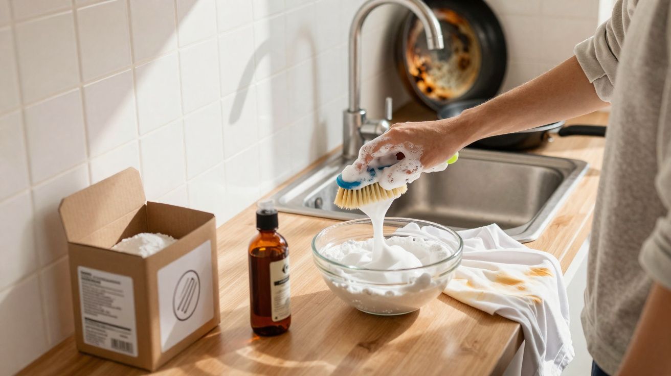 Pessoa a fazer espuma com escova para limpar nódoas numa camisa branca sobre uma bancada de cozinha.