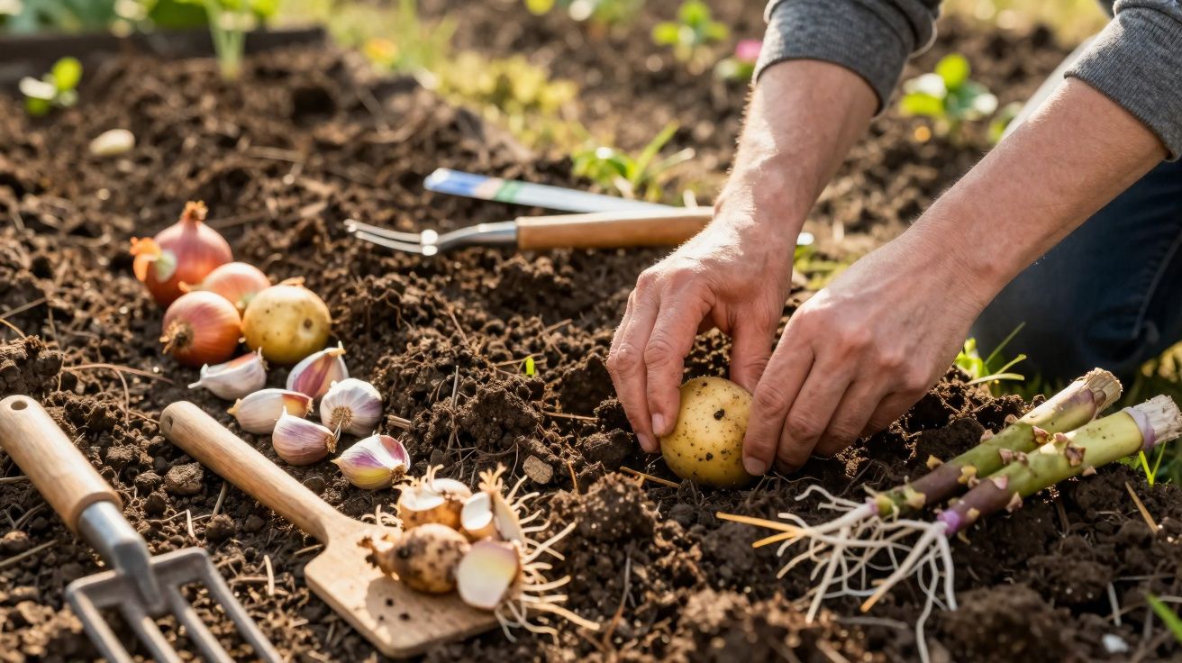 Mãos a plantar batata na terra, com cebolas, alho, espargos e ferramentas de jardinagem ao redor.