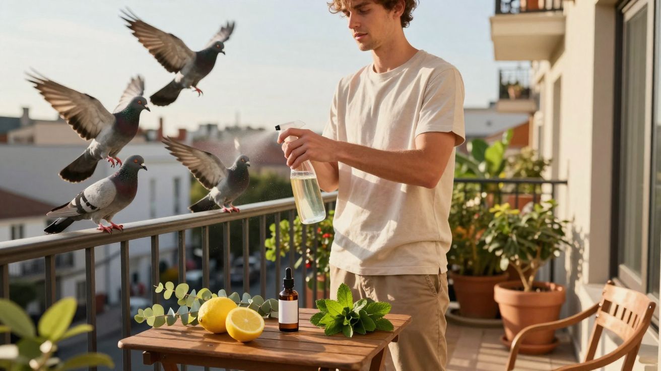 Homem borrifando plantas num terraço para afugentar pombos que voam perto do corrimão.