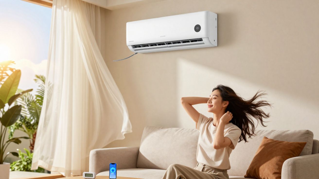 Mulher relaxa sorridente em sofá sob ar condicionado numa sala com cortinas esvoaçantes.