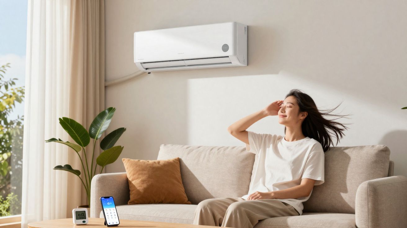 Mulher relaxa num sofá beige sob um ar condicionado branco numa sala luminosa e minimalista.