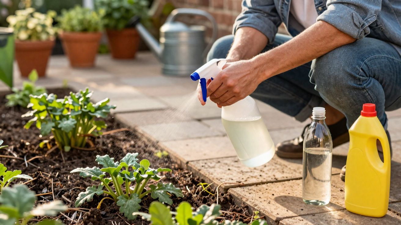 Pessoa a pulverizar plantas num jardim com garrafas de spray e produtos ao lado.