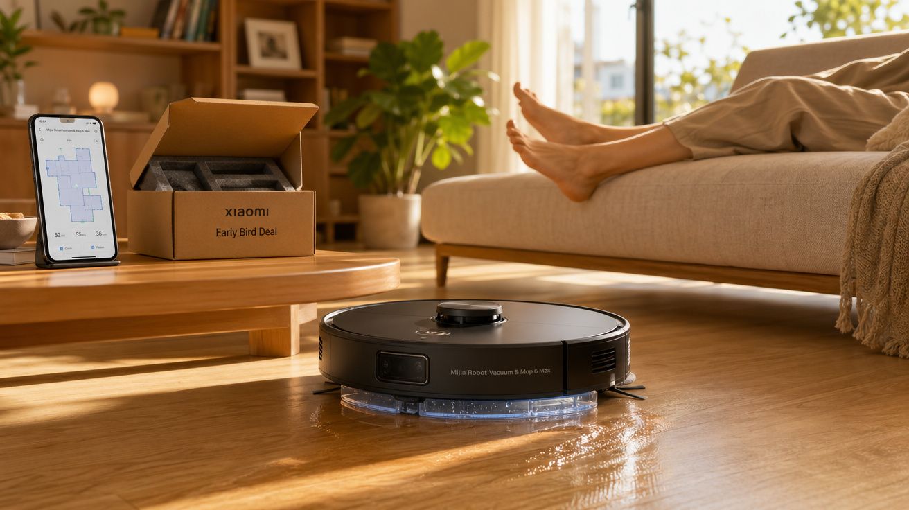 Robot aspirador Xiaomi Mijia a limpar chão de madeira numa sala com sofá e mesa de centro.