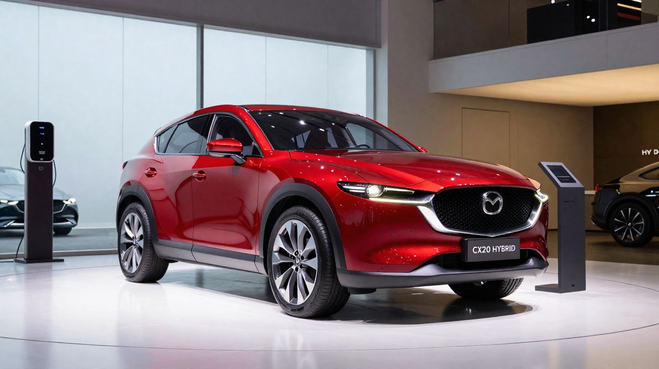 Carro Mazda CX20 híbrido de cor vermelha exposto em salão automóvel moderno com piso branco.