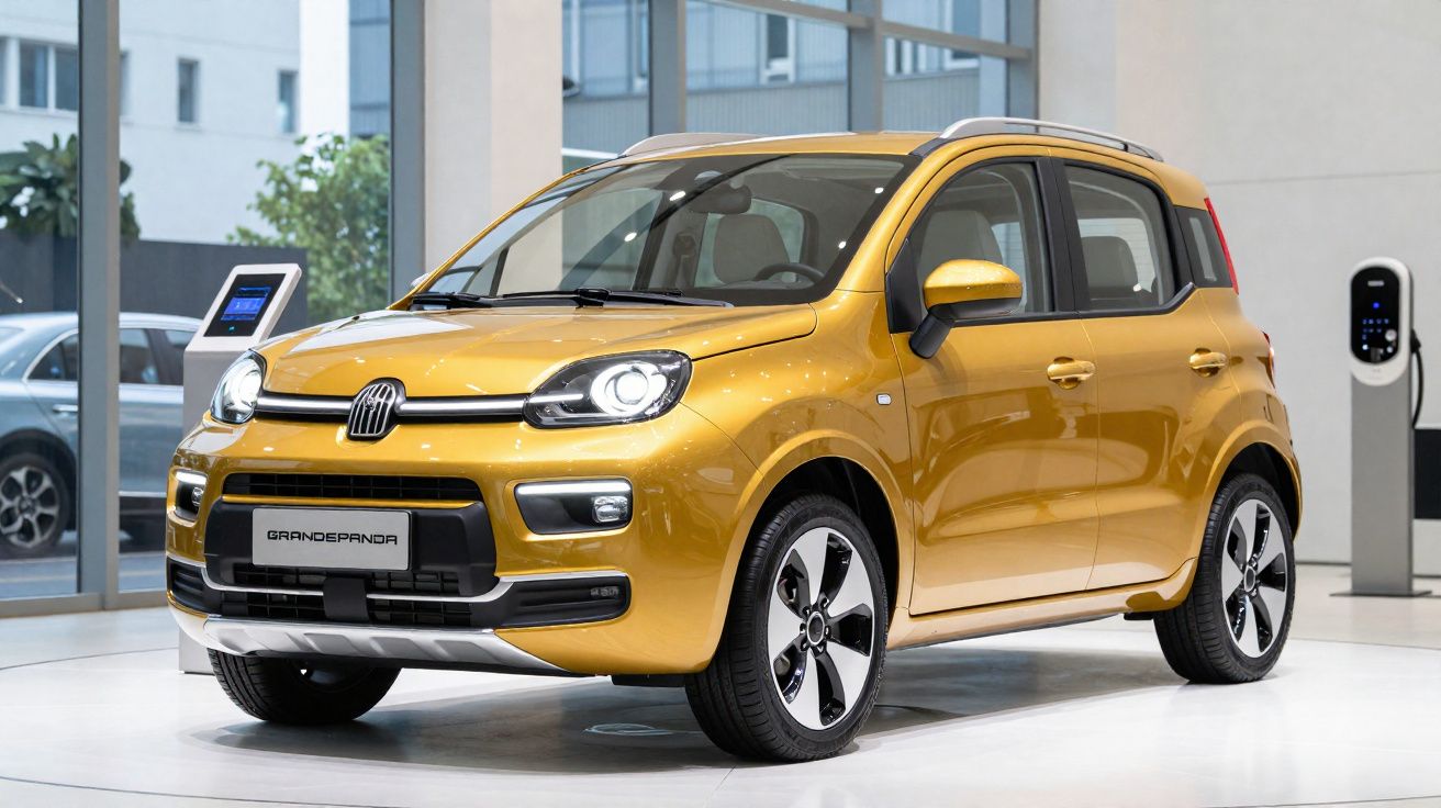 Automóvel citadino amarelo Fiat Grande Panda elétrico exposto em showroom moderno.