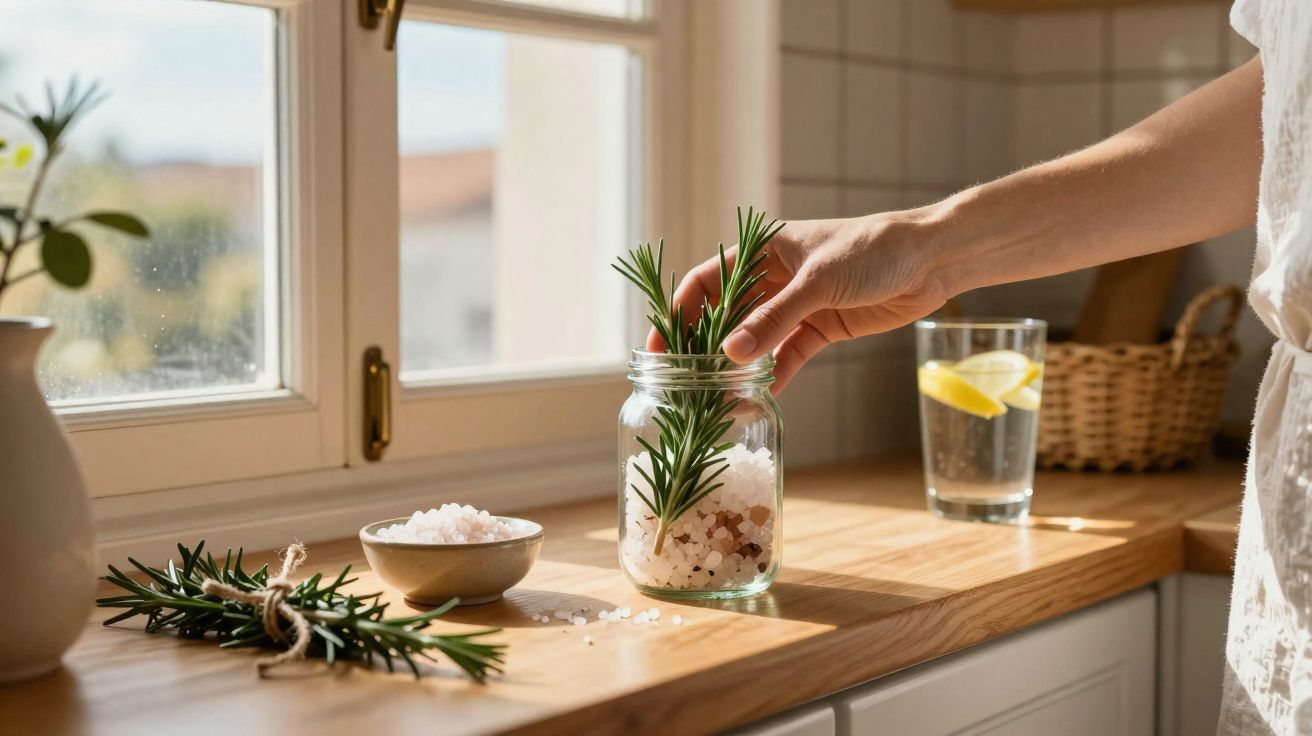 Mão a colocar ramos de alecrim num frasco com sal grosso numa cozinha luminosa junto à janela.