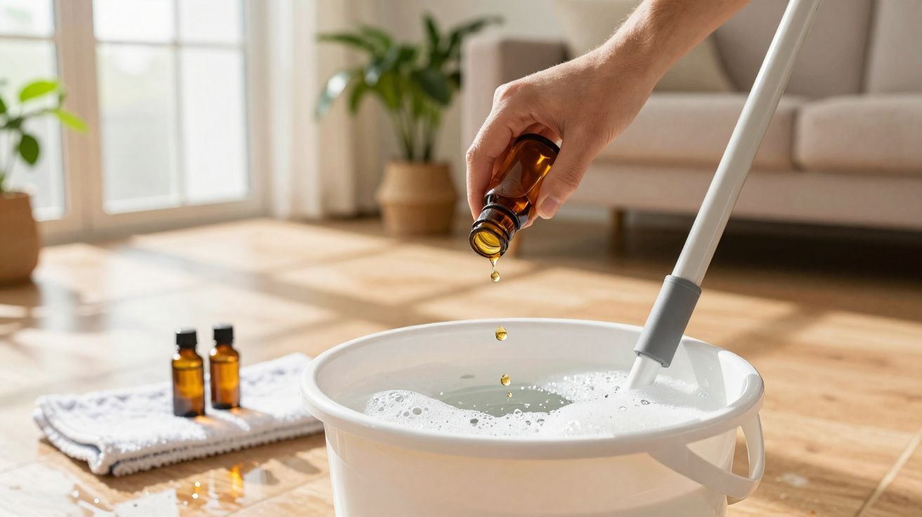 Pessoa a adicionar óleo essencial a um balde com água e detergente para limpeza do chão.