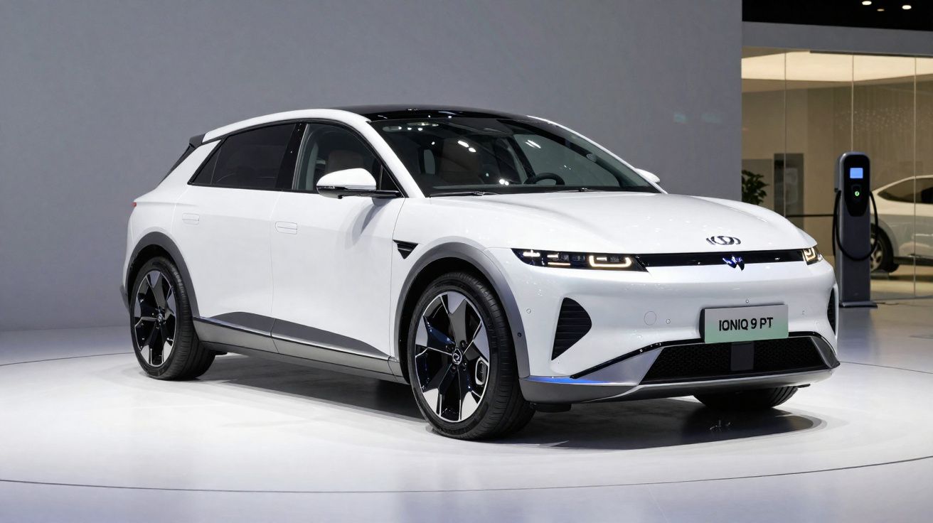 Carro elétrico Hyundai Ioniq 9 PT branco estacionado em showroom com posto de carregamento ao fundo.