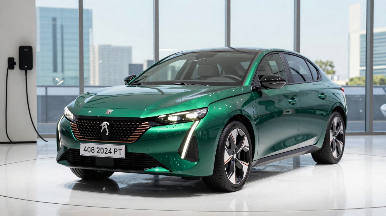 Peugeot 408 verde estacionado em showroom moderno com carregador elétrico na parede ao lado.