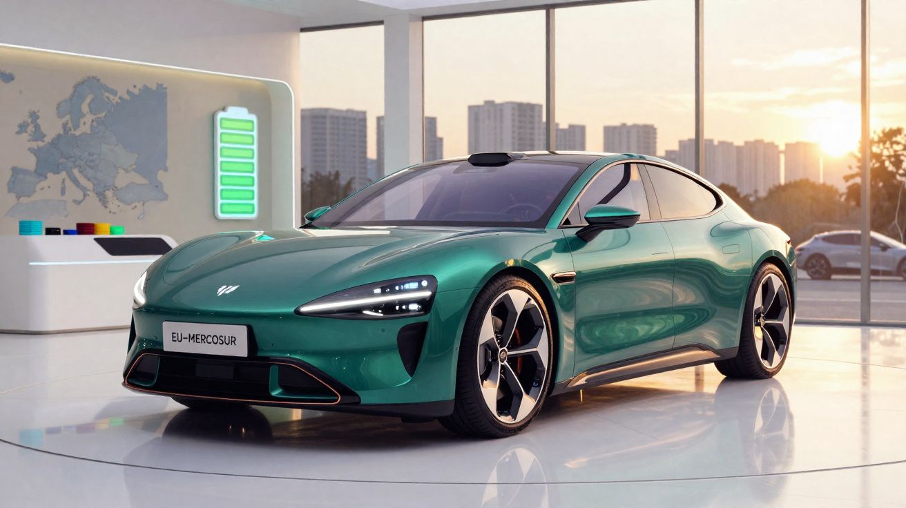 Automóvel elétrico verde brilhante exibido em ambiente moderno com grande janela e iluminação do pôr do sol.