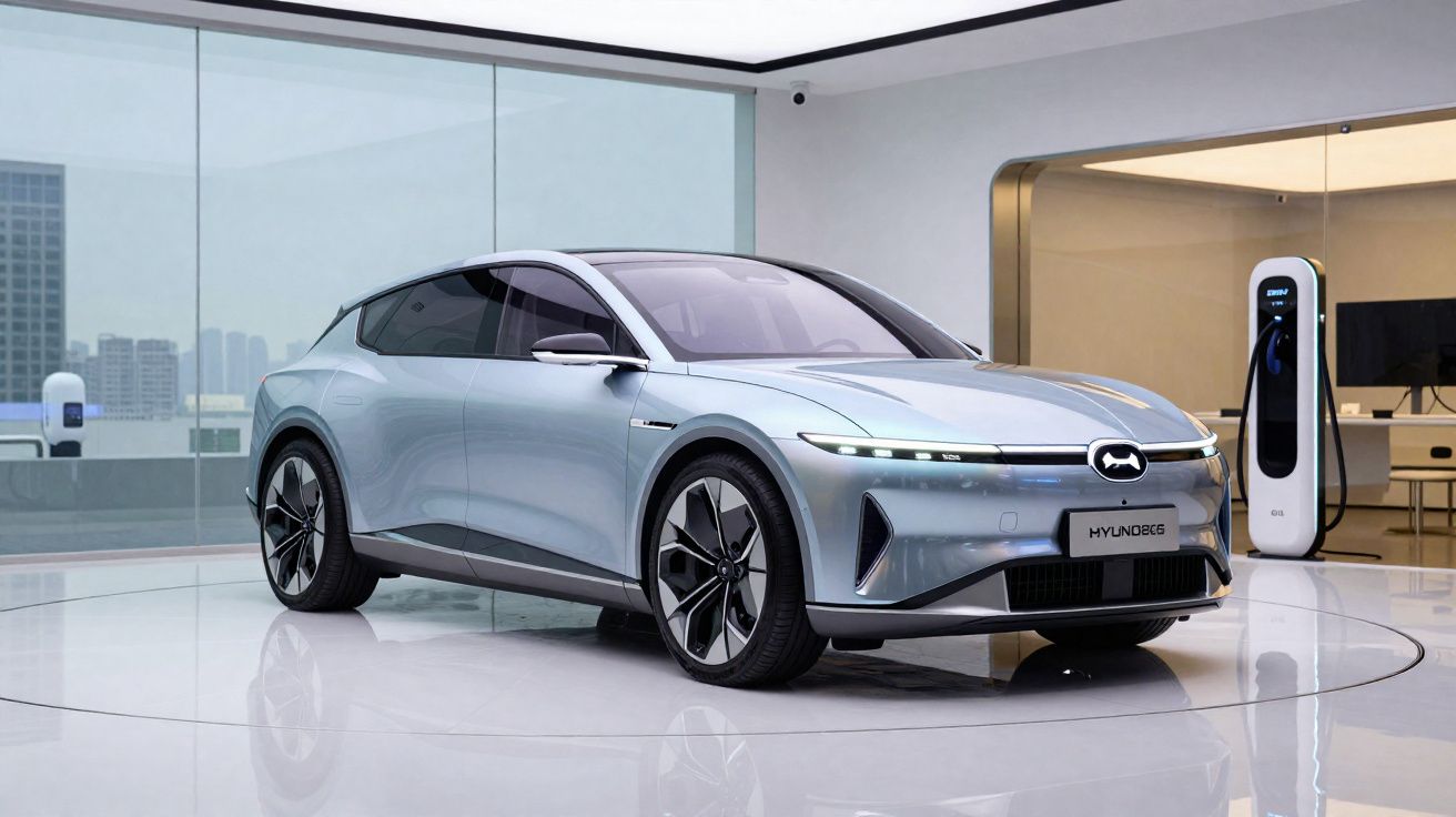 Carro elétrico moderno Hyundai cinzento exposto em showroom minimalista com estação de carregamento.