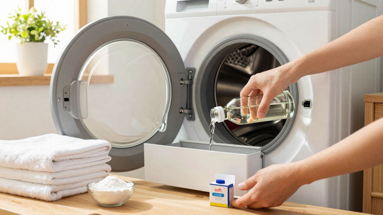 Pessoa a colocar detergente líquido na máquina de lavar roupa com toalhas e produtos sobre a bancada.