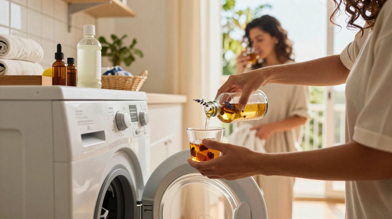 Pessoa a servir chá junto a máquina de lavar roupa numa cozinha iluminada com outra pessoa ao fundo.