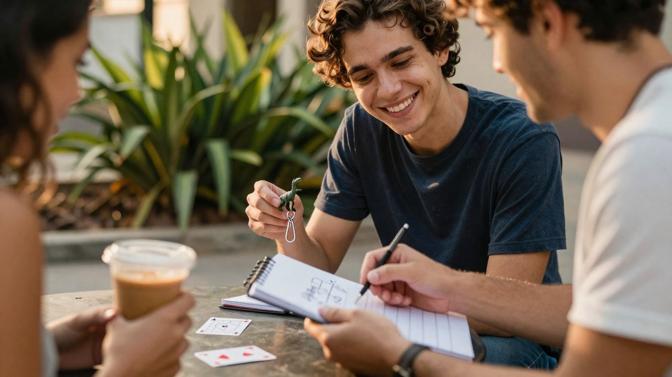 Jovens sentados à mesa ao ar livre, um segura brinquedo dinossauro e outro escreve num caderno.