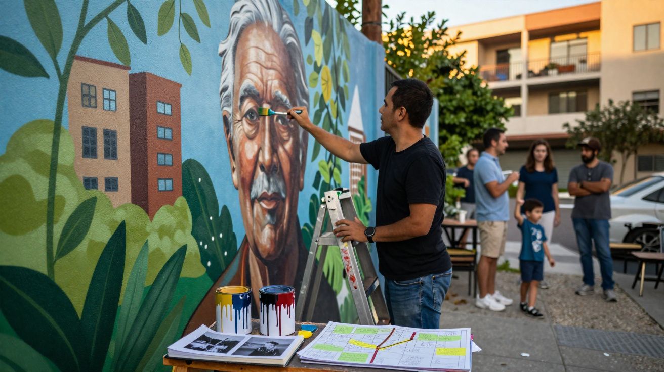 Homem pinta um mural de rosto envelhecido num prédio, com pessoas e plantas ao fundo numa rua urbana.