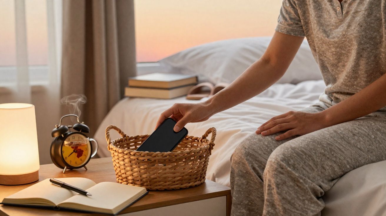 Pessoa sentada a guardar o telemóvel numa cesta ao lado da cama, com despertador e candeeiro na mesa.