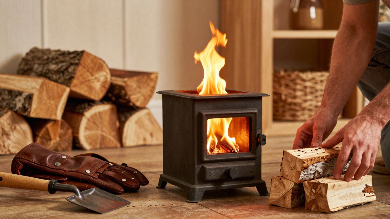 Mini fogão a lenha em ferro com fogo aceso e mãos a colocar troncos de madeira ao lado de luvas e ferramenta.