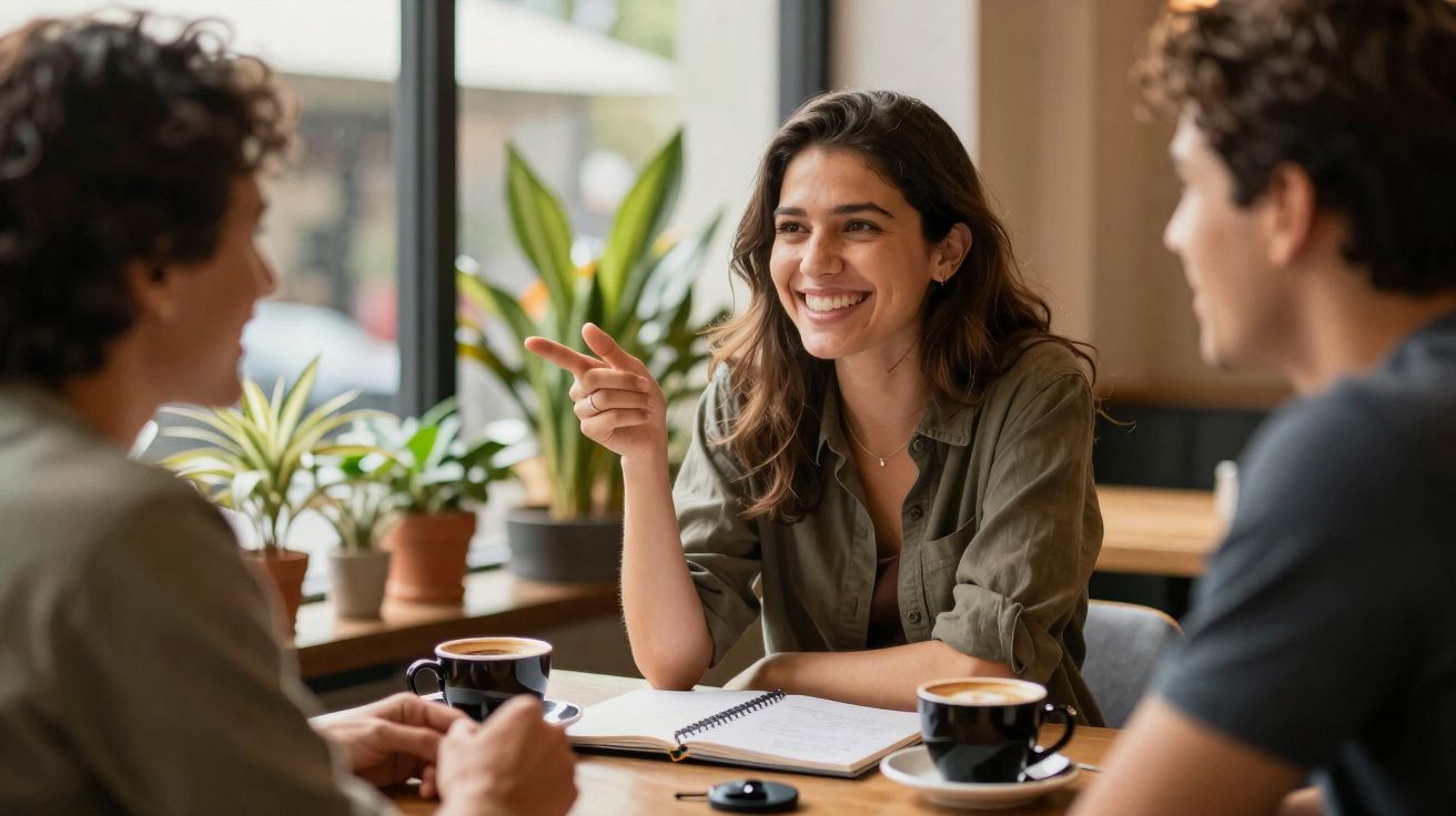 Três jovens sentados numa mesa, com duas chávenas de café, a conversar e a sorrir numa esplanada.