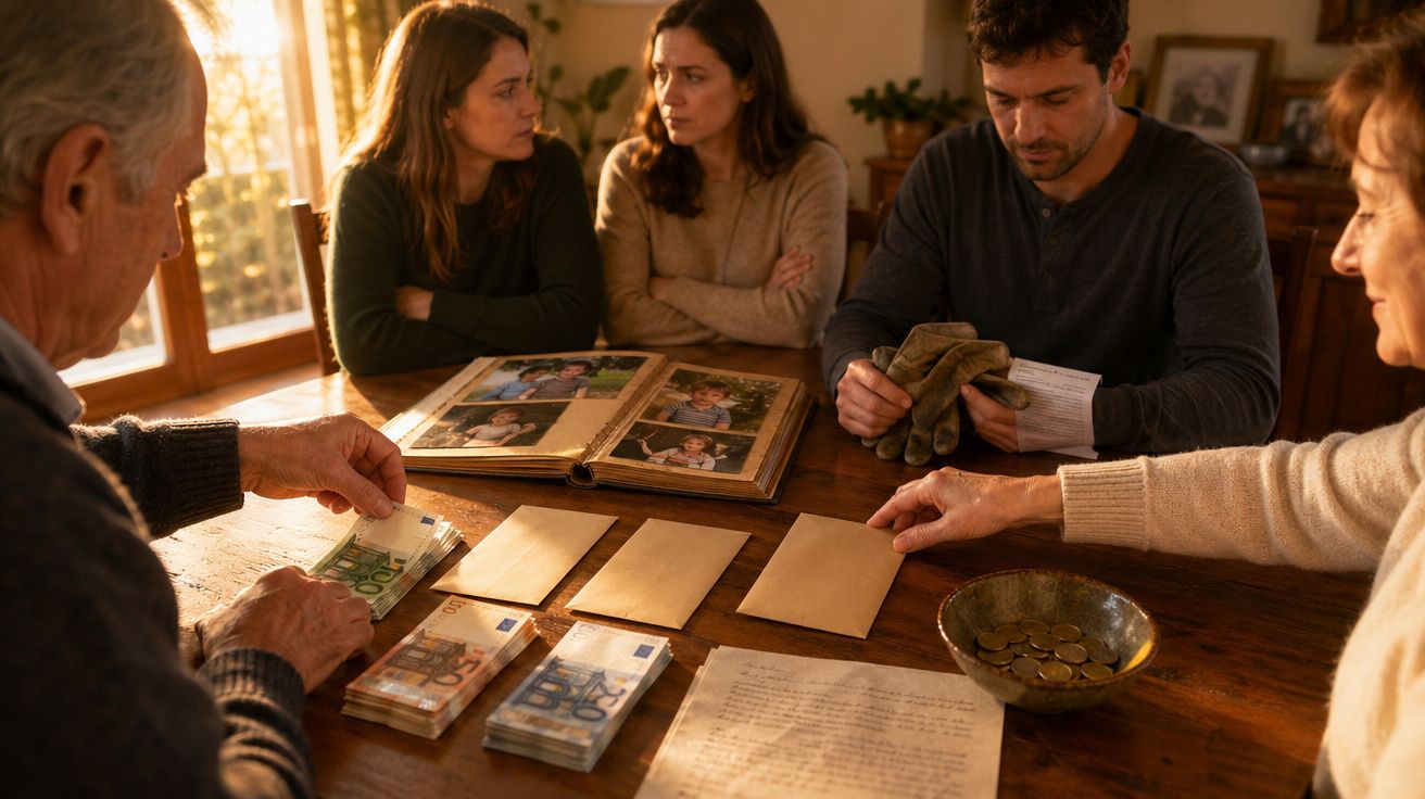 Família reunida à mesa com envelopes, dinheiro e álbum de fotografias em ambiente quente e acolhedor.