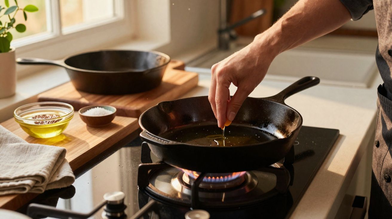 Mão a temperar óleo numa frigideira de ferro fundido sobre fogão a gás numa cozinha iluminada.