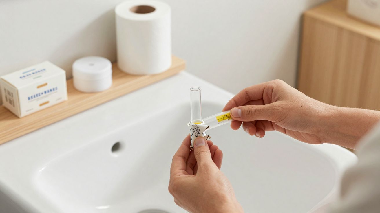 Pessoa a colocar amostra num tubo de teste sobre pia de casa de banho com rolo de papel higiénico ao fundo.