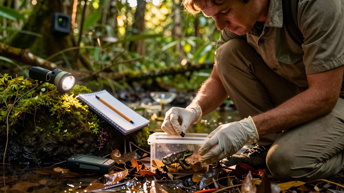 Cientista com luvas examina uma rã numa caixa transparente numa floresta húmida, com material de estudo ao lado.