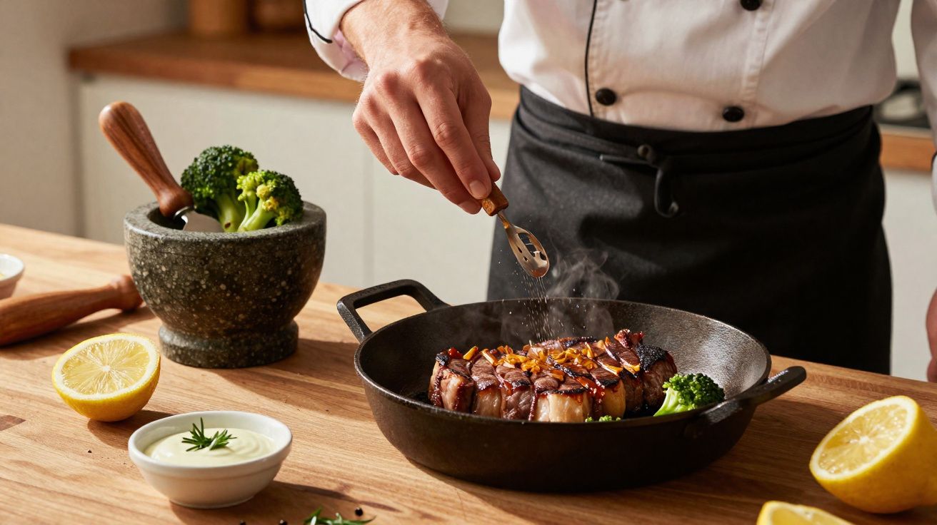 Chef a temperar um bife numa frigideira de ferro com legumes, limão e molho ao lado numa cozinha.